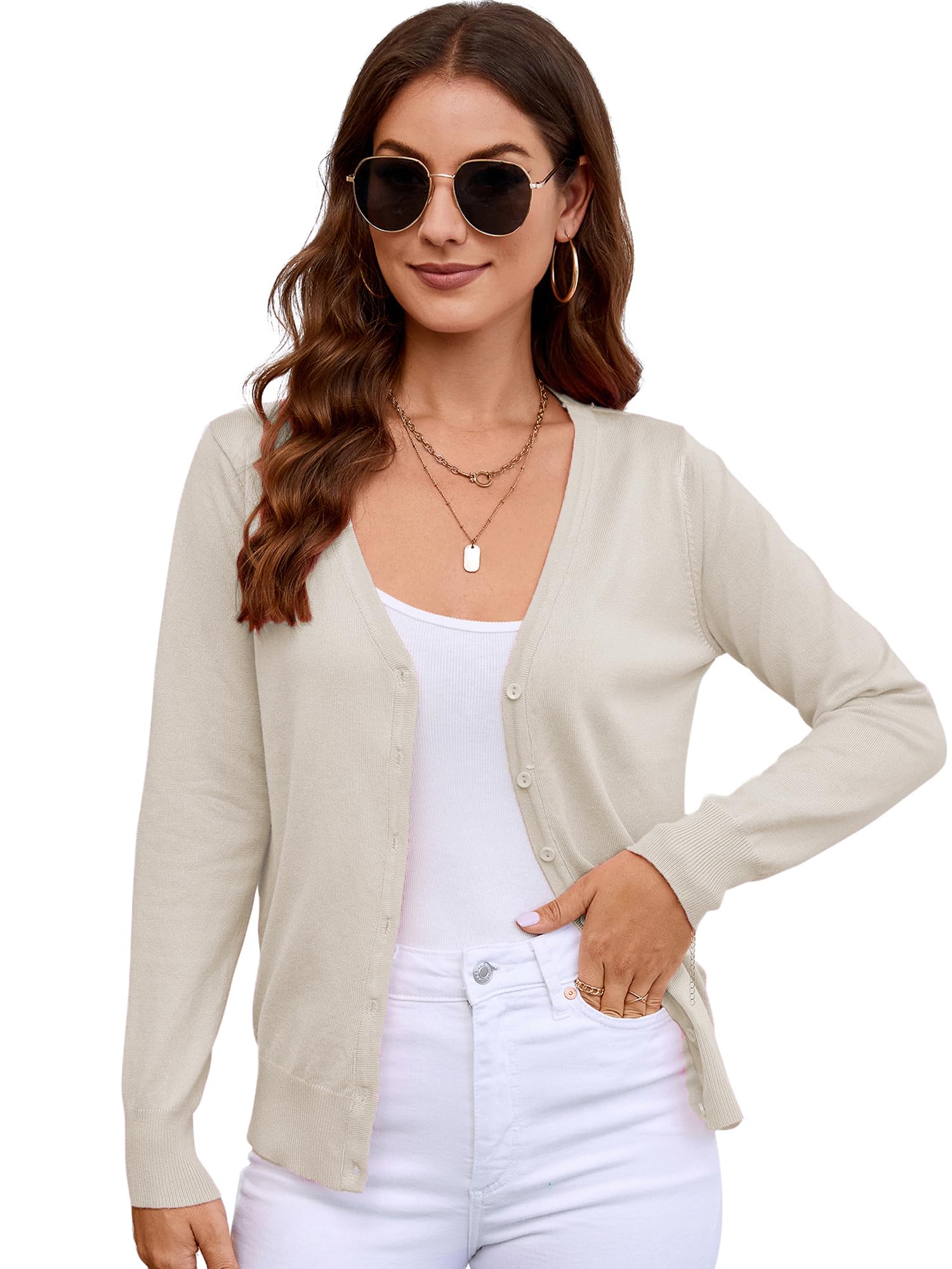 Women's Long Sleeve V Neck Button Down Knit Cardigan Classic Solid Sweaters