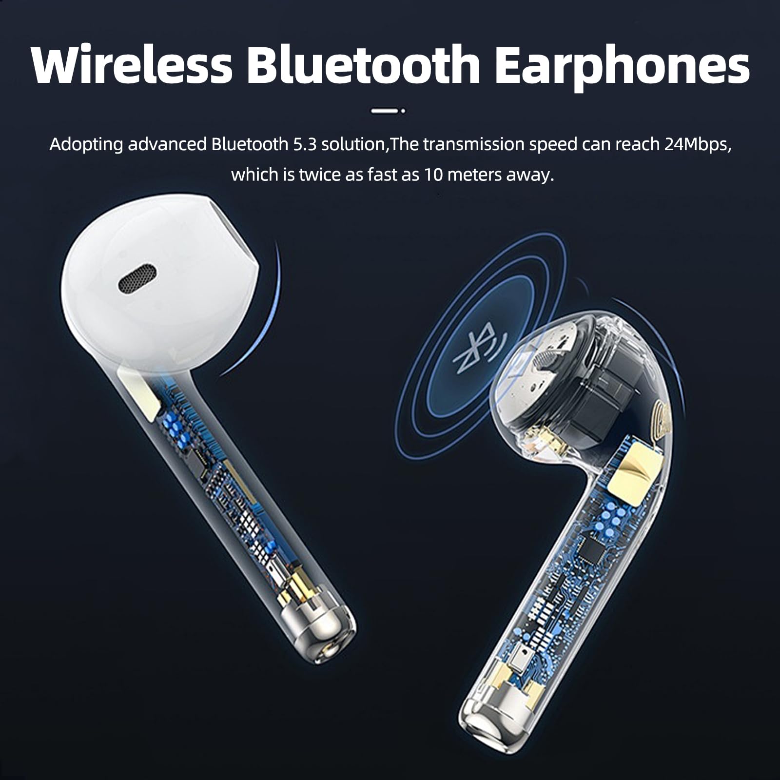 Cuffie Wireless In-Ear, Auricolari Bluetooth 5.3 con Stereo HiFi, Tempo di Riproduzione 24 Ore, Cuffie con Cancellazione del Rumore con Mic Touch Control IPX8 Impermeabili, per iPhone Ios Android