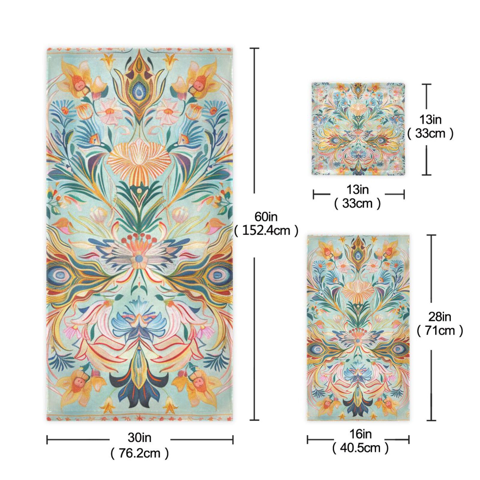 Set di 3 asciugamani da viso in microfibra con motivo floreale in stile bohémien, 1 asciugamano da bagno, 1 asciugamano per le mani, 1 panno per la casa, cucina, hotel, palestra, nuoto, spa