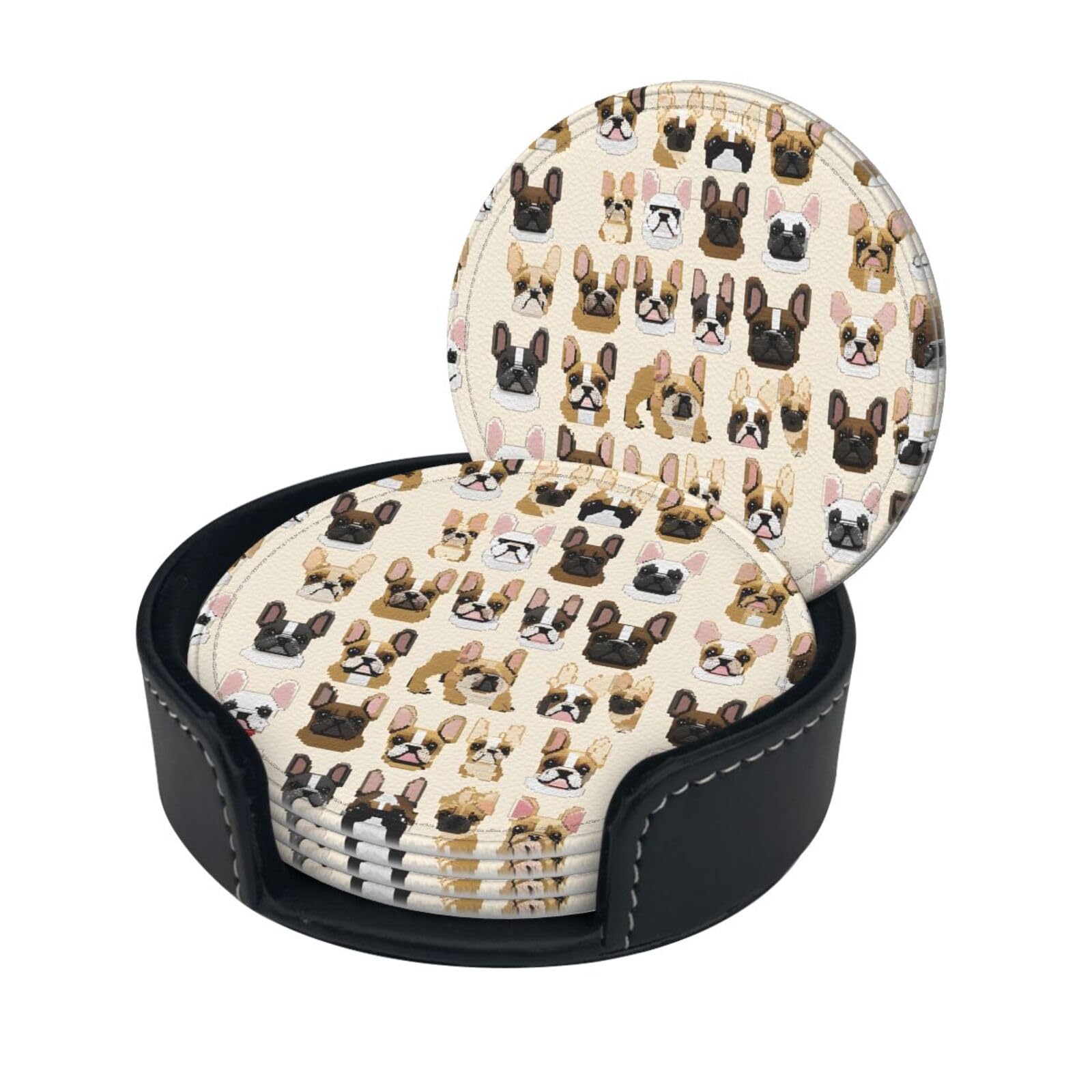 I Love French Bulldog Print Coaster,Round Leather Coasters with Storage Box for Wine Mugs,Cold Drinks and Cups Tabletop Protection (6 Piece)