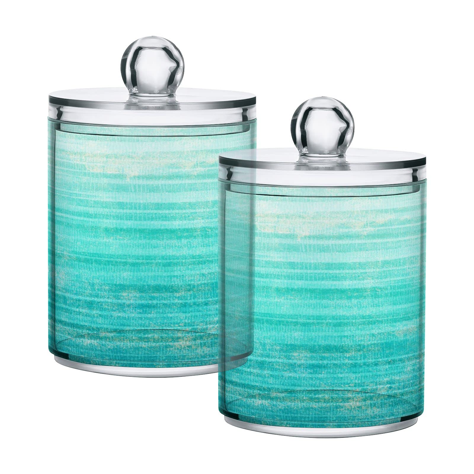 Grunge Turquoise Teal Wood Qtip Dispenser Apothecary Jars Farmhouse Green Bathroom Qtip Holder Storage Canister Plastic Jar 10 Oz for Cotton Ball Swab