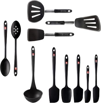 DI ORO 11-Piece Silicone Kitchen Set - 600F Nonstick Heat-Resistant Utensils - 3 Turners, 5 Seamless Spatulas, 2 Spoons, 1 Ladle - Tools for Cooking & Baking - Dishwasher Safe, Easy to Clean Black