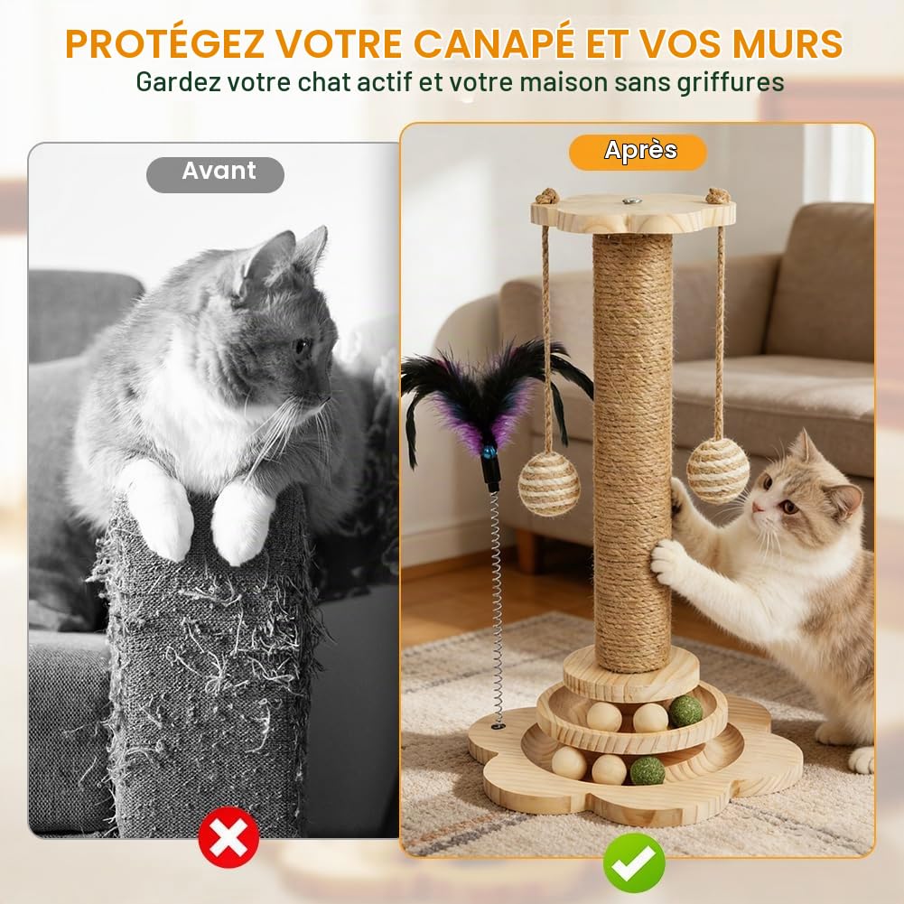 Vicloon Poteau Griffoir, 40cm Colonne à Griffer, Poteau Griffoir en Sisal 4 en 1, Griffoir pour Chat avec Boules en Bois, Boules en Sisal Suspendues, Plumes, pour Chat Facile à Assembler