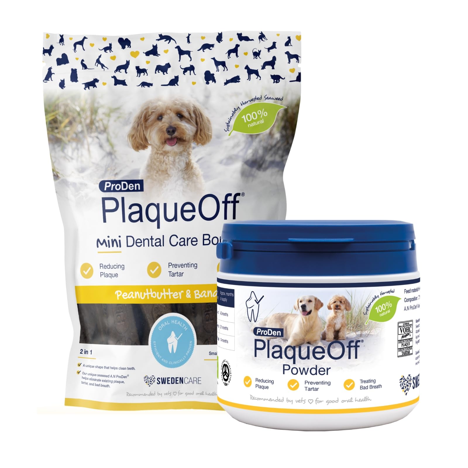 ProDen PlaqueOff Powder for Dogs & Cats, Tartar & Bad Breath Remover with 100% Natural Teeth Plaque Remover (Bundle - 420g Powder & Peanut Butter Mini Bones)