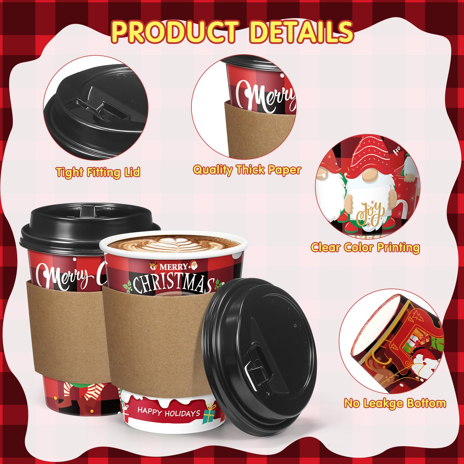 Layhit Set di 100 bicchieri da caffè natalizi in carta con coperchio, 350 ml, usa e getta, motivo albero di Natale, bicchieri per cioccolata calda, per Natale, inverno, vacanze, bicchieri per bevande