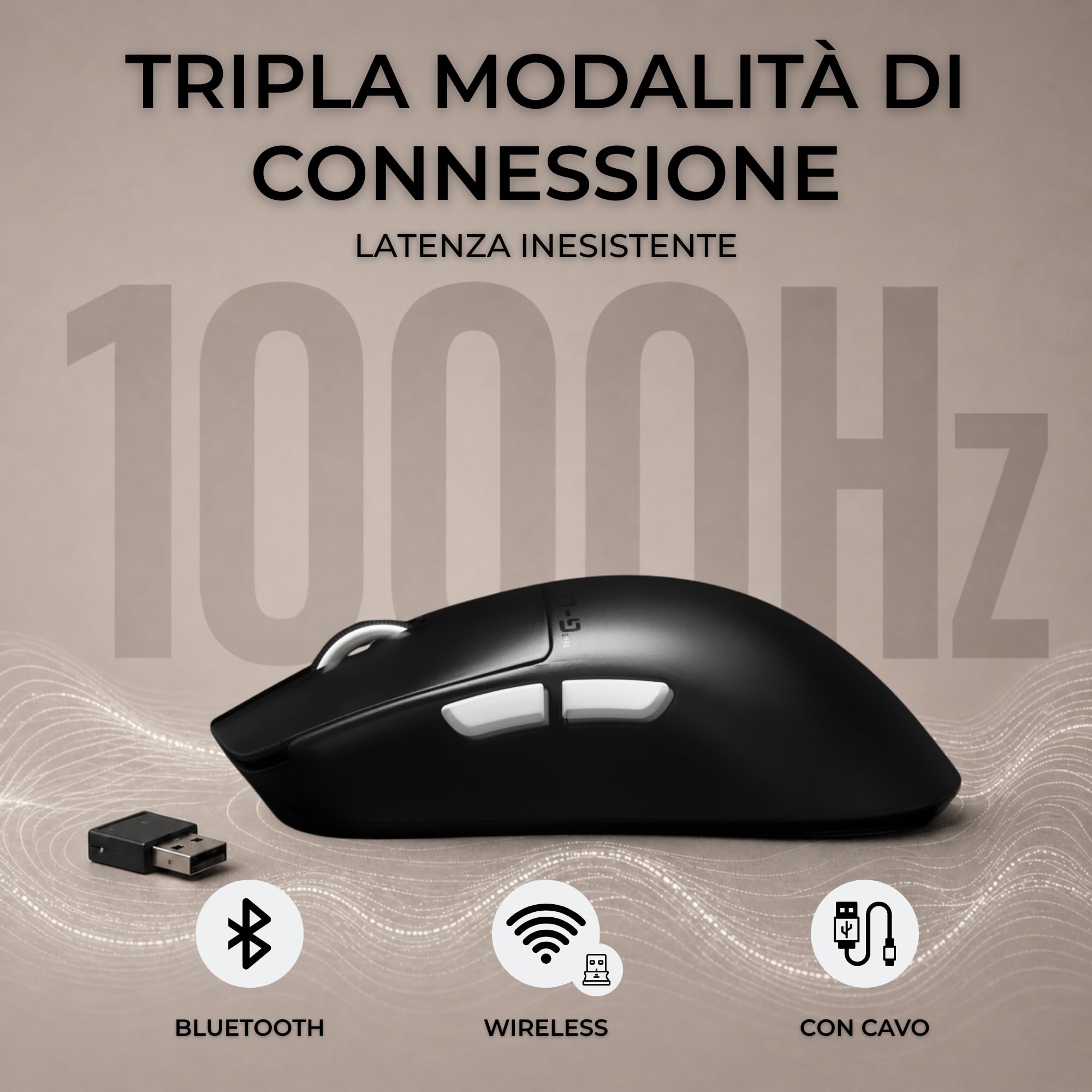THE G-LAB Kult Elite M100 - Mouse Gaming con Sensore Ottico PixArt 3395, 26.000 DPI, 1.000 Hz, Pattini 100% PTFE - Mouse Wireless Tri-Mode 2,4 GHz/Bluetooth/Cablato, 100 Ore di Autonomia e Software