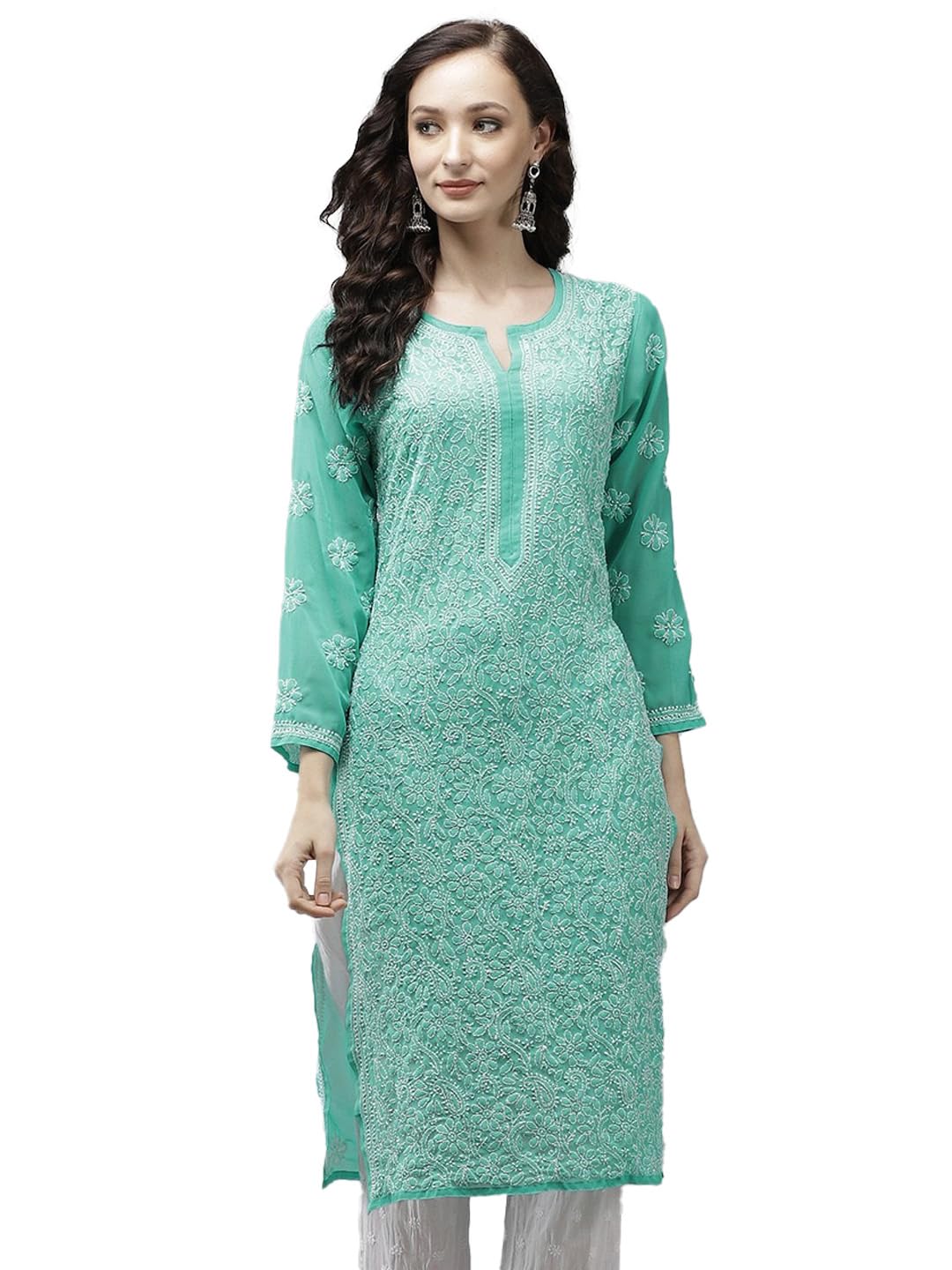Indian Hand Embroidered Chikankari Georgette Straight Kurta Kurti for Women A100287