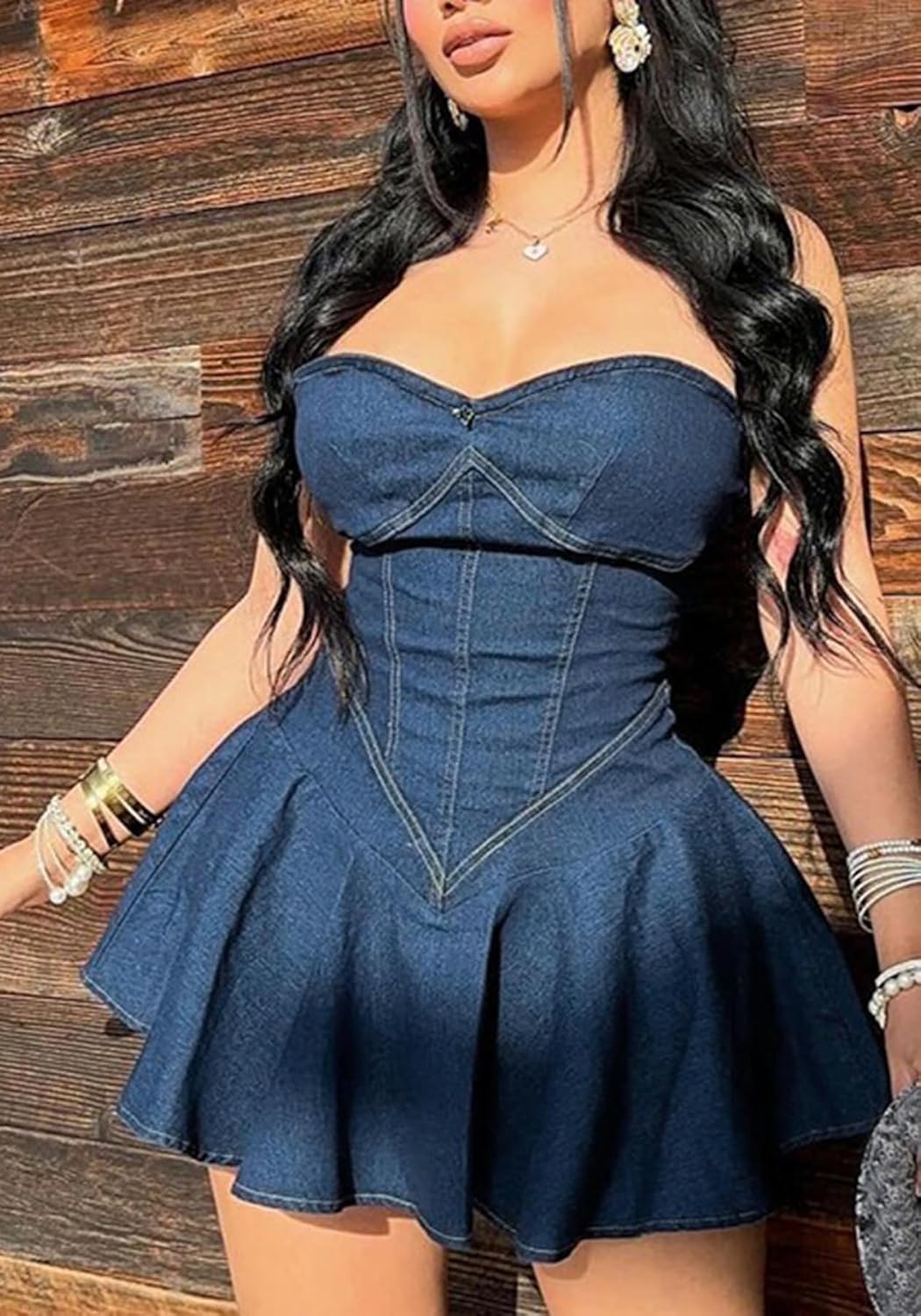 NRTHYE Women's Sexy Strapless Denim Dress Off Shoulder Corset Tube Summer Mini Jean Dresses - Image 4