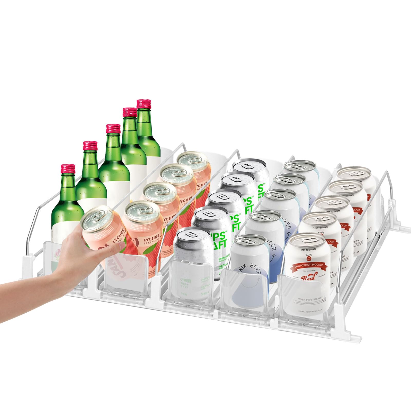 Drink Organizer for Fridge,Automatic Smooth Pusher Glide Fridge Organizer, Soda Dispenser with Width Adjustable, Beverage Organizer for Freezers, Supermarkets, Retail Stores