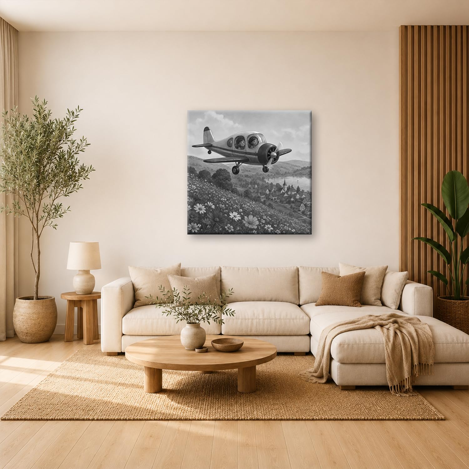 Obraz na płótnie lot dziecka nad kwitnącym krajobrazem 70 x 70 cm