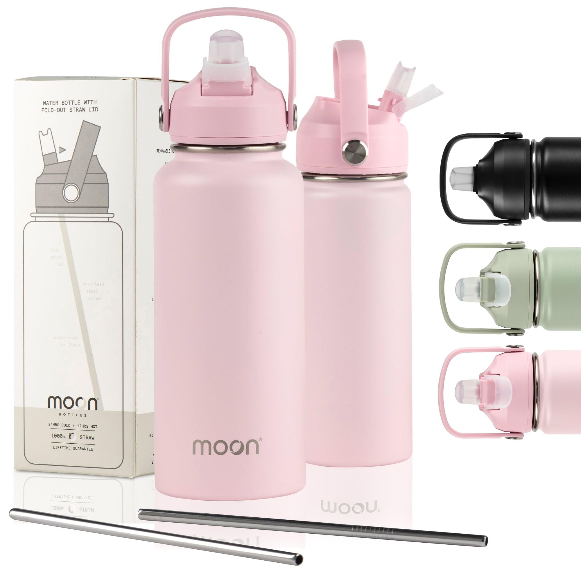 Moon Bottles Blush Pink - Insulated Water Bottle With Straw - Stainless Steel Sports Drink Bottle, Thermal Flask, 24Hr Cold, 12Hr Hot, Double Walled, Metal Straw, Silicon Spout, Uk Company (1L, Pink)