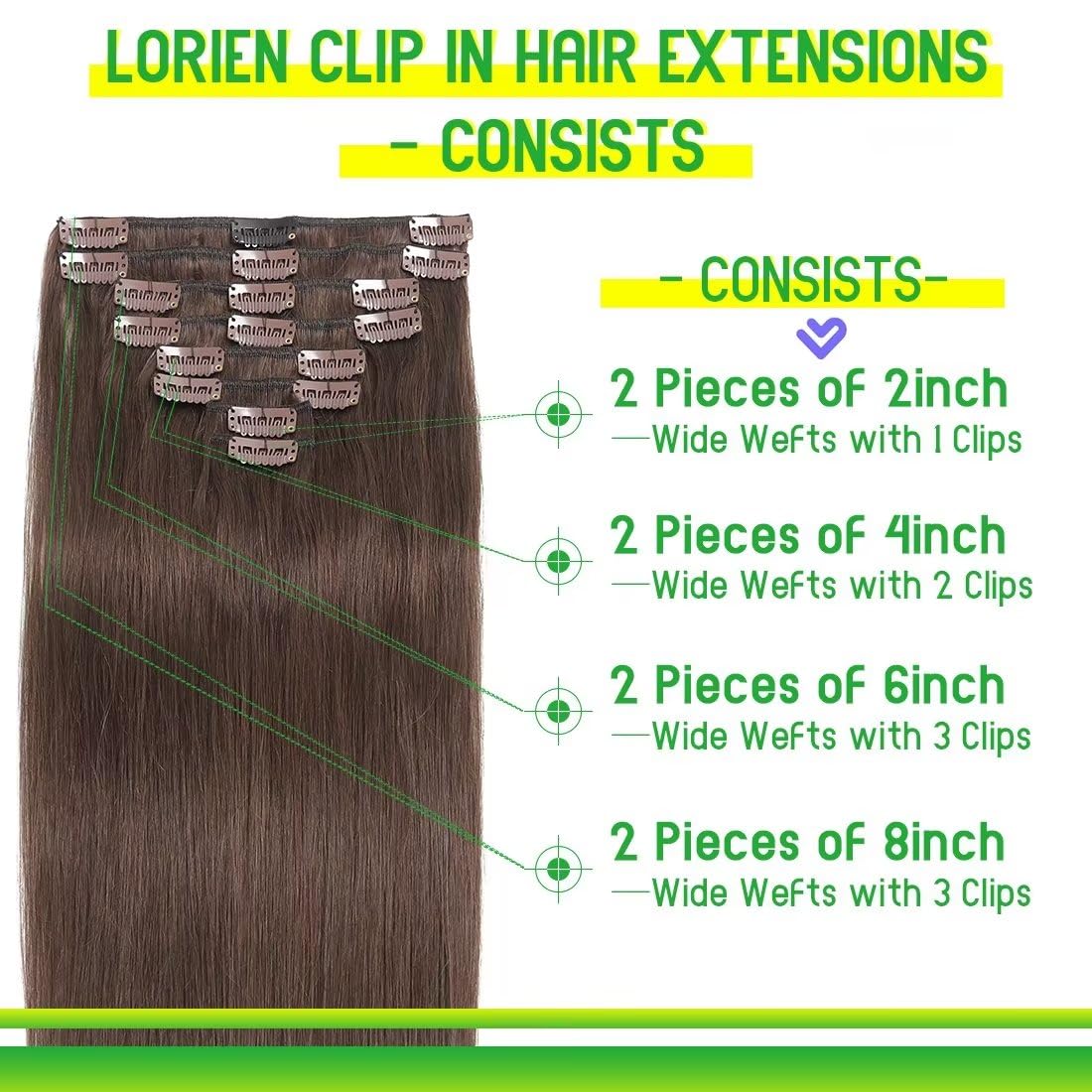 LORIEN Clip in Hair Extensions Real Human Hair 80g Clip in 100% Human Hair Extensions 8pcs Per Set with 18Clips Double Weft (18 Inch, 4 Dark Brown)