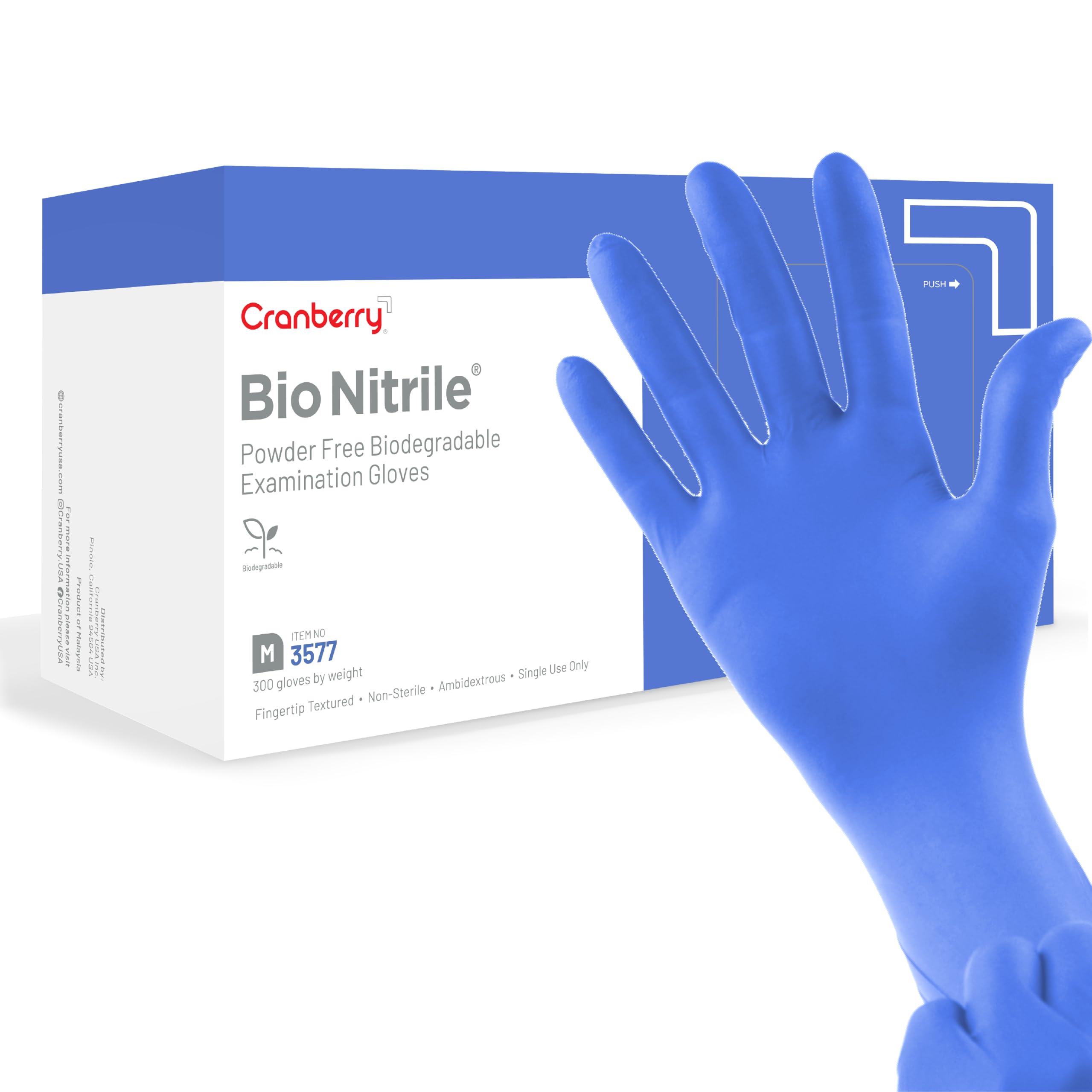 Cranberry USA Bio Nitrile Exam Gloves, Pack of 300, X-Large, Blue, Biodegradable, 2.2 Mil