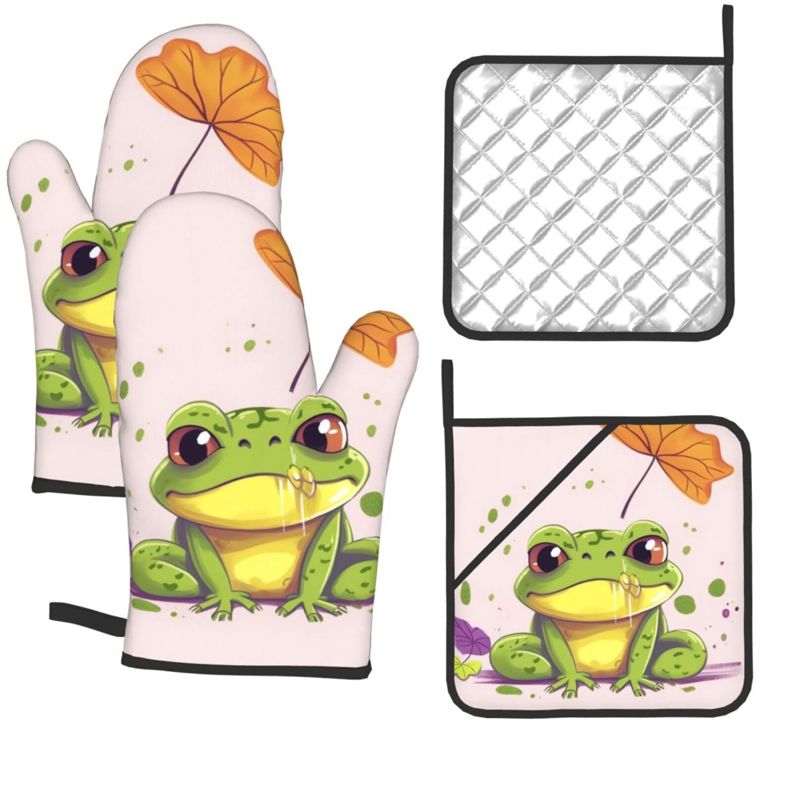 4 Pcs Oven Mitts and Pot Holders Set Kitchen Oven Gloves Heat Resistant Potholders Non-Slip Hot Pads Leaves and Frog Oven Mits for Cooking Baking Grilling
