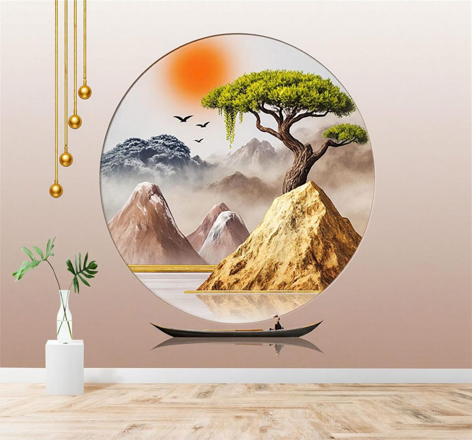 XLMING Green Trees Mountains Lakes Boats Sunrise Scenery 3D Wallpaper Silky Texture Home Study Office Grey Dining Room Sofa Bedroom Living Room TV Backdrop-200cm×140cm