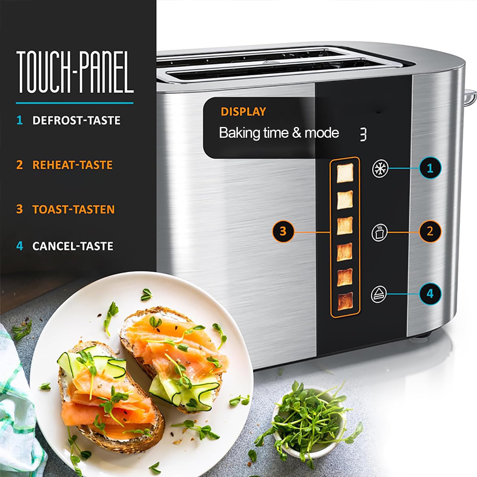 Forno tostapane in acciaio inox da 800 W con touch screen e display digitale, 2/4 fessure per fette, 6 livelli di doratura e griglia integrata per asciugatura di waffle, pasticcini ( long slot)