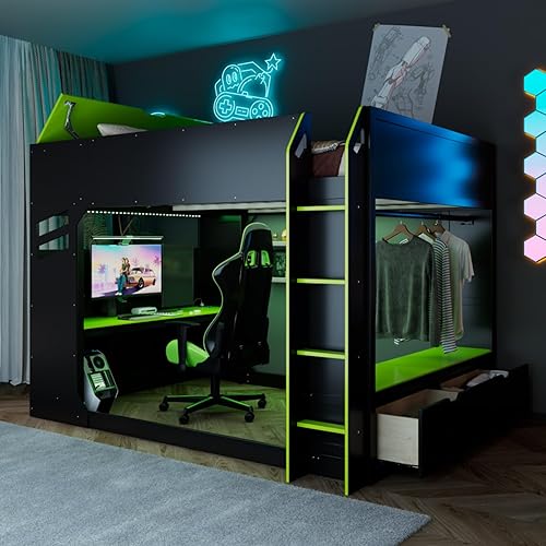 Miniatura 10 de Cama loft de madera para juegos de tamaño matrimonial con escritorio para computadora y luces RGB, cama para juegos, armario abierto integrado y
