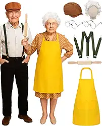 7 peças de acessórios de fantasia de casal de vovô e vovó de Halloween, incluindo avental amarelo, óculos redondos, chapéu de jornaleiro, suspensórios com rolo de madeira para adultos, roupas