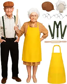 7 peças de acessórios de fantasia de casal de vovô e vovó de Halloween, incluindo avental amarelo, óculos redondos, chapéu de jornaleiro, suspensórios com rolo de madeira para adultos, roupas