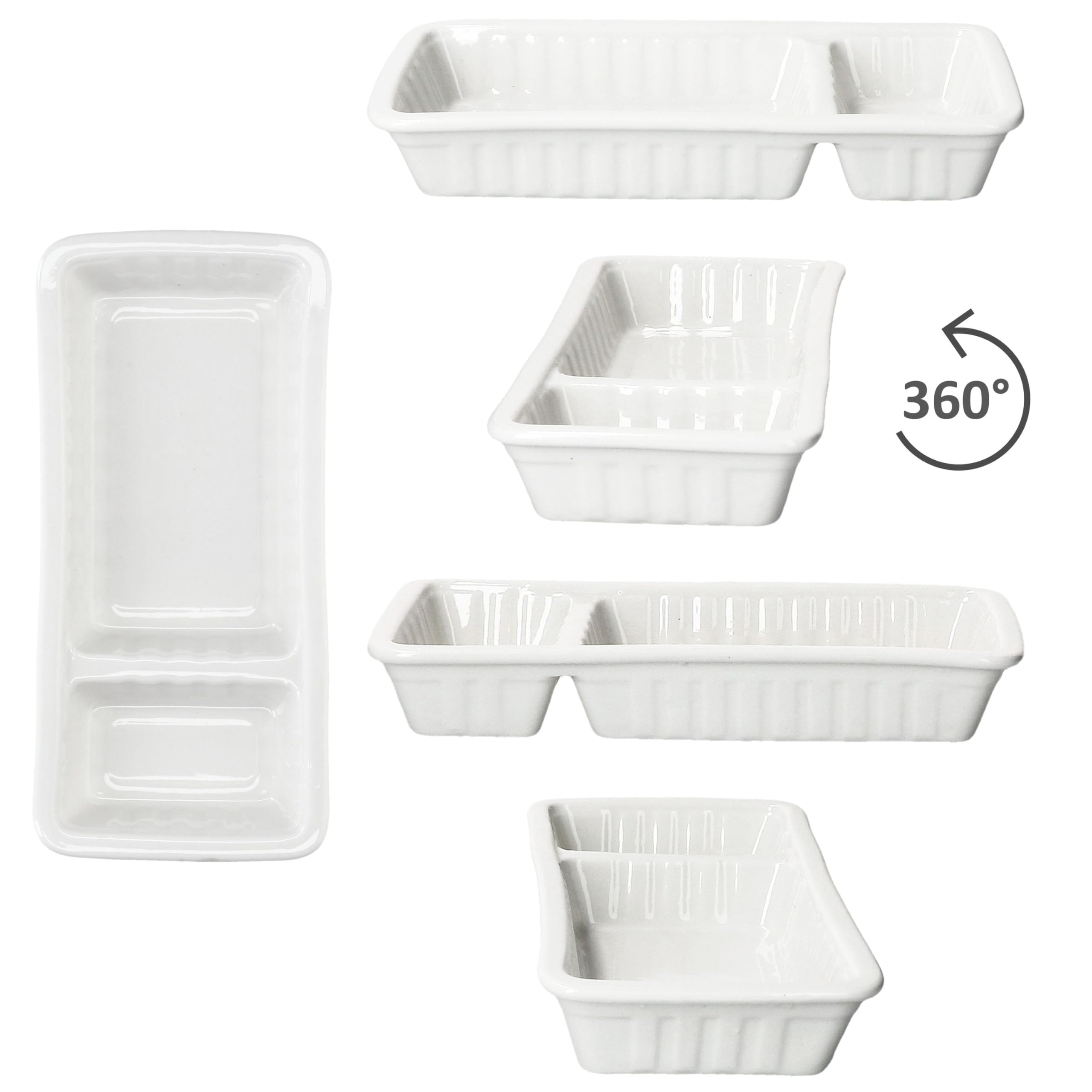MamboCat 12er Set Frikandelschalen weiß aus Porzellan I (LxBxH) 20x9,5x3,3cm I Servierschalen mit 2 Bereichen für Soße & Beilagen I für Frikandel, Buletten, Nuggets, Nachos & Snacks