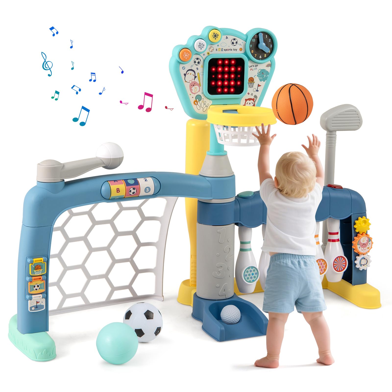 COSTWAY Basketball Hoop Set, 5 in 1 Toddler Basketball Bowling Baseball Soccer Golf Activity Center with Lights & Sounds, Kids Sport Toy for Boys Girls 18 Months+