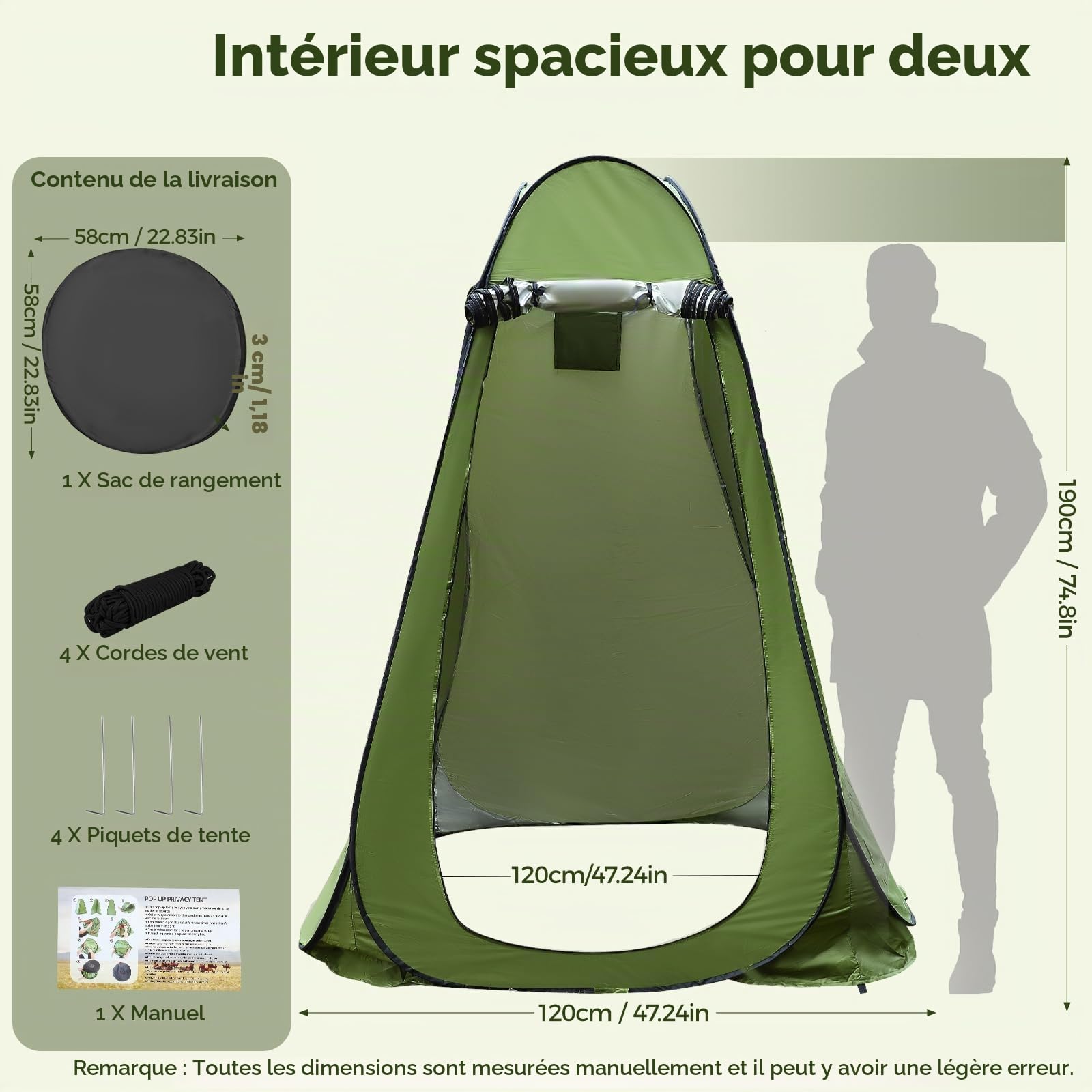 portable cabine de douche camping,tente avec douche et toilettes extérieures,tente pop up avec protection UV 120 x 120 x 190cm,toutes saisons pour le camping, la randonnée, la pêche, la plage