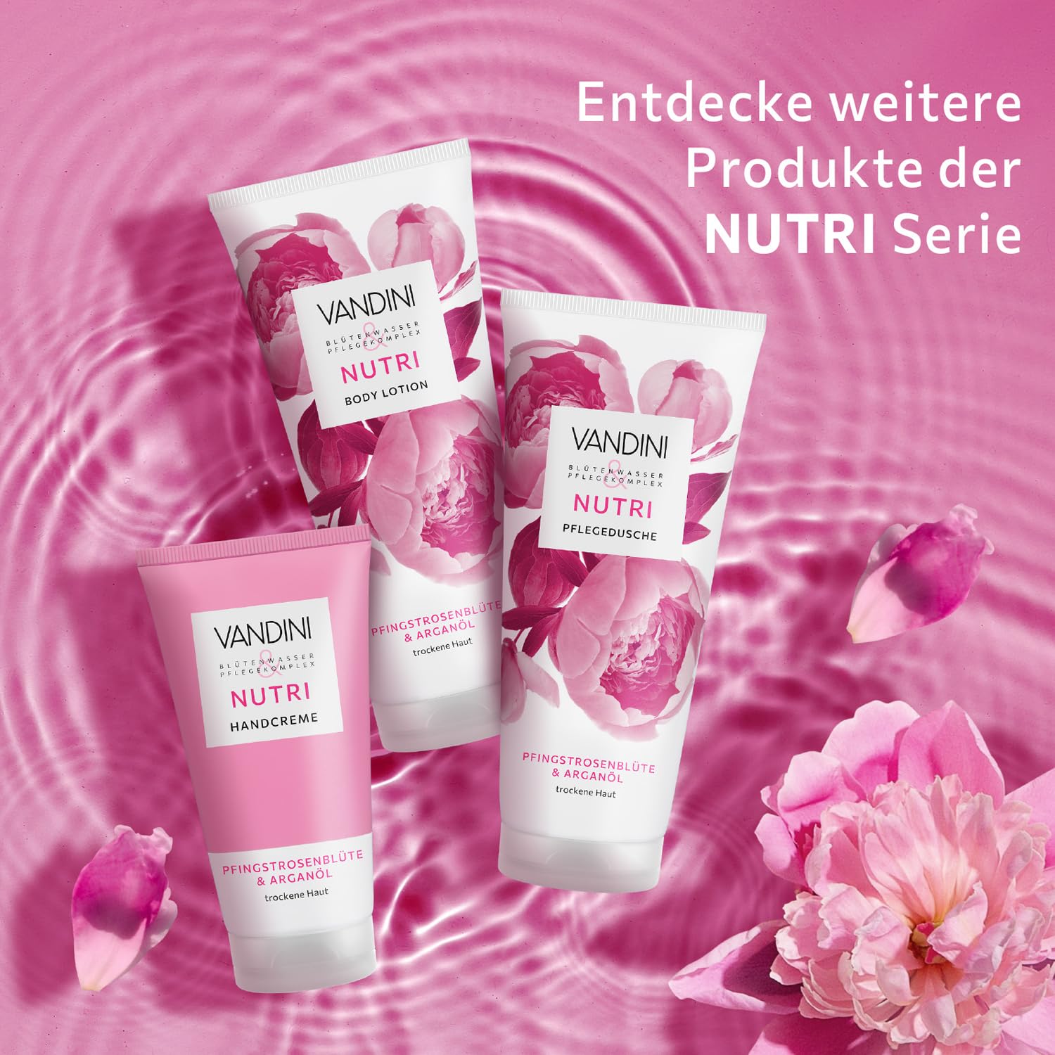 VANDINI 6 x NUTRI balsam do ciała damski, 200 ml, z kwiatem piwonii i olejkiem arganowym, balsam do ciała dla suchej skóry, wegański, bez parabenów i silikonów, potwierdzony dermatologicznie