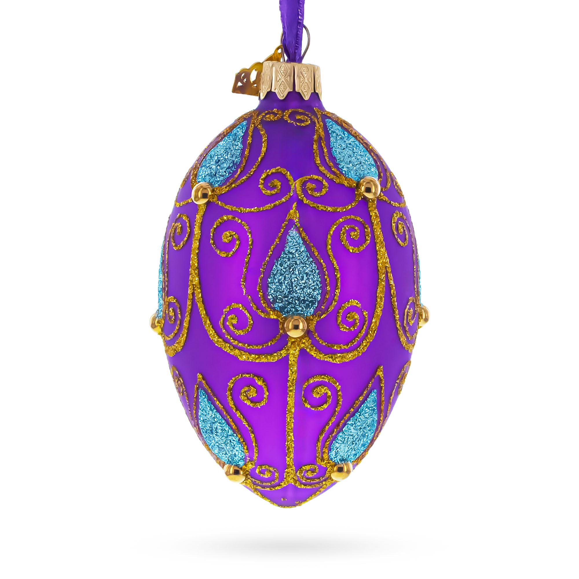 Œuf en verre violet décoration maison motif feuille bleue