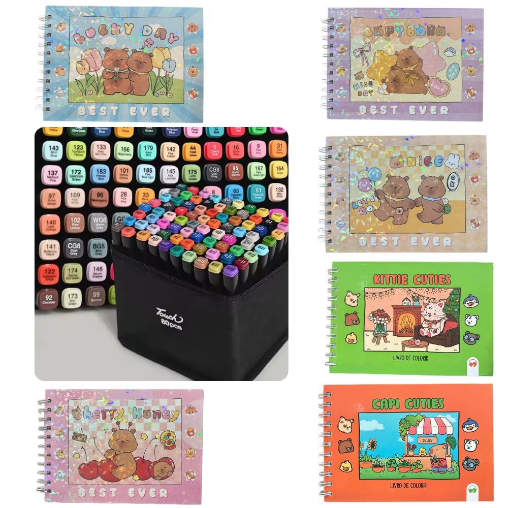 Kit Caneta Touch Ponta Dupla Estojo 80 Cores + Caderno Desenho