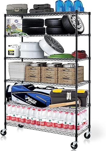 Dkeli Estantes de almacenamiento de 6 niveles de alta resistencia NSF con ruedas, capacidad de peso 6000, unidad de alambre ajustable de grado