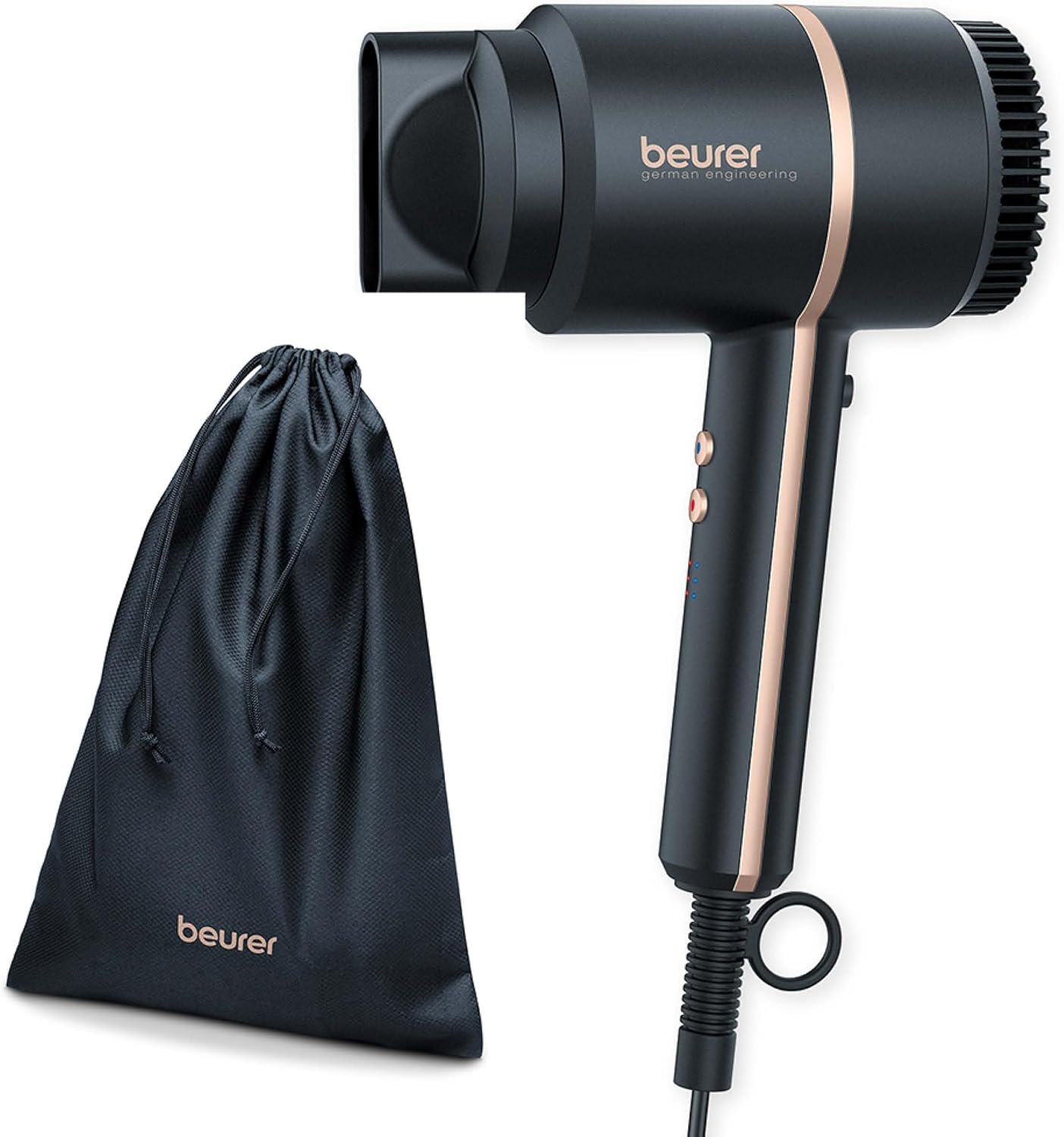 Beurer HC 35 Haardroger, compacte haardroger met ionische functie voor glanzend en glad haar, inclusief stylingmondstuk, 1600-2000 Watt, zwart/rosé