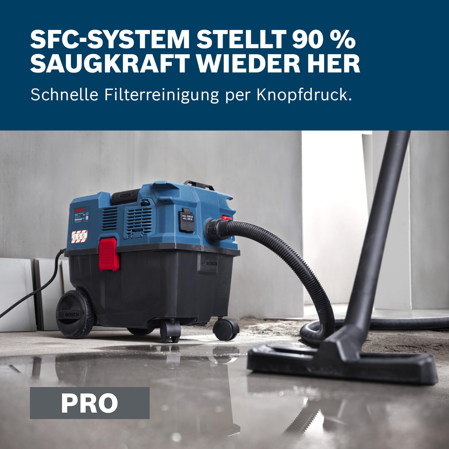 Bosch PRO Kabel-Nass-/Trockensauger GAS12-25LS (inkl. Kunststoff-Verlängerungsrohre, Flachfaltenfilter, 3,1 m Saugschlauch, Gebogene Düse, Bodendüse, Fugendüse, Vliesbeutel, Universaladapter)