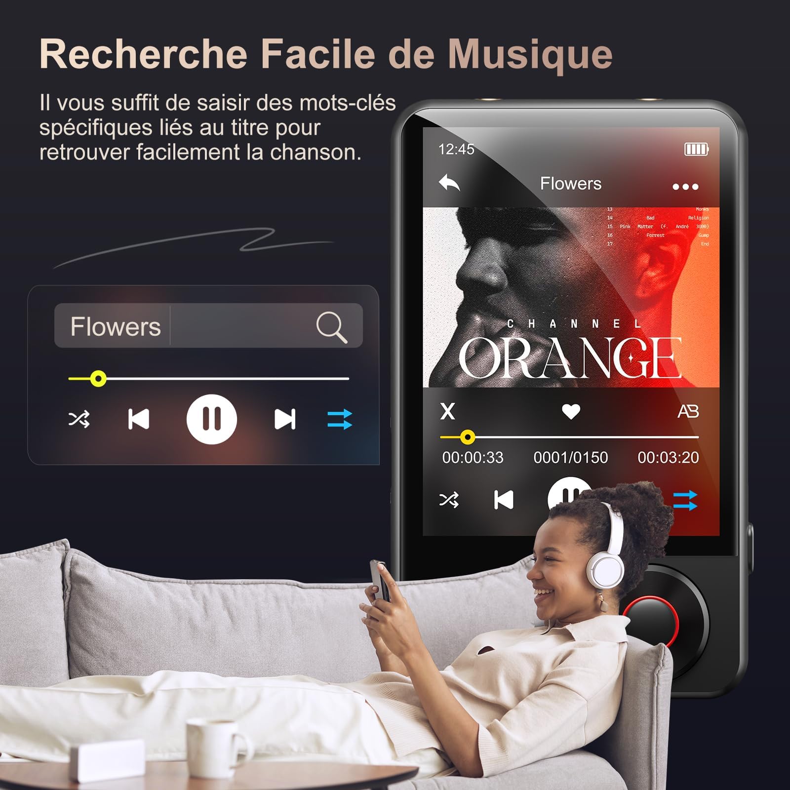 MECHEN Lecteur MP3 Bluetooth 128 GO, Écran Tactile de 2,4 Pouces, Double Prise Audio, Recherche de Chansons, 6 Listes de Lecture, USB C, Radio FM, Enregistrement