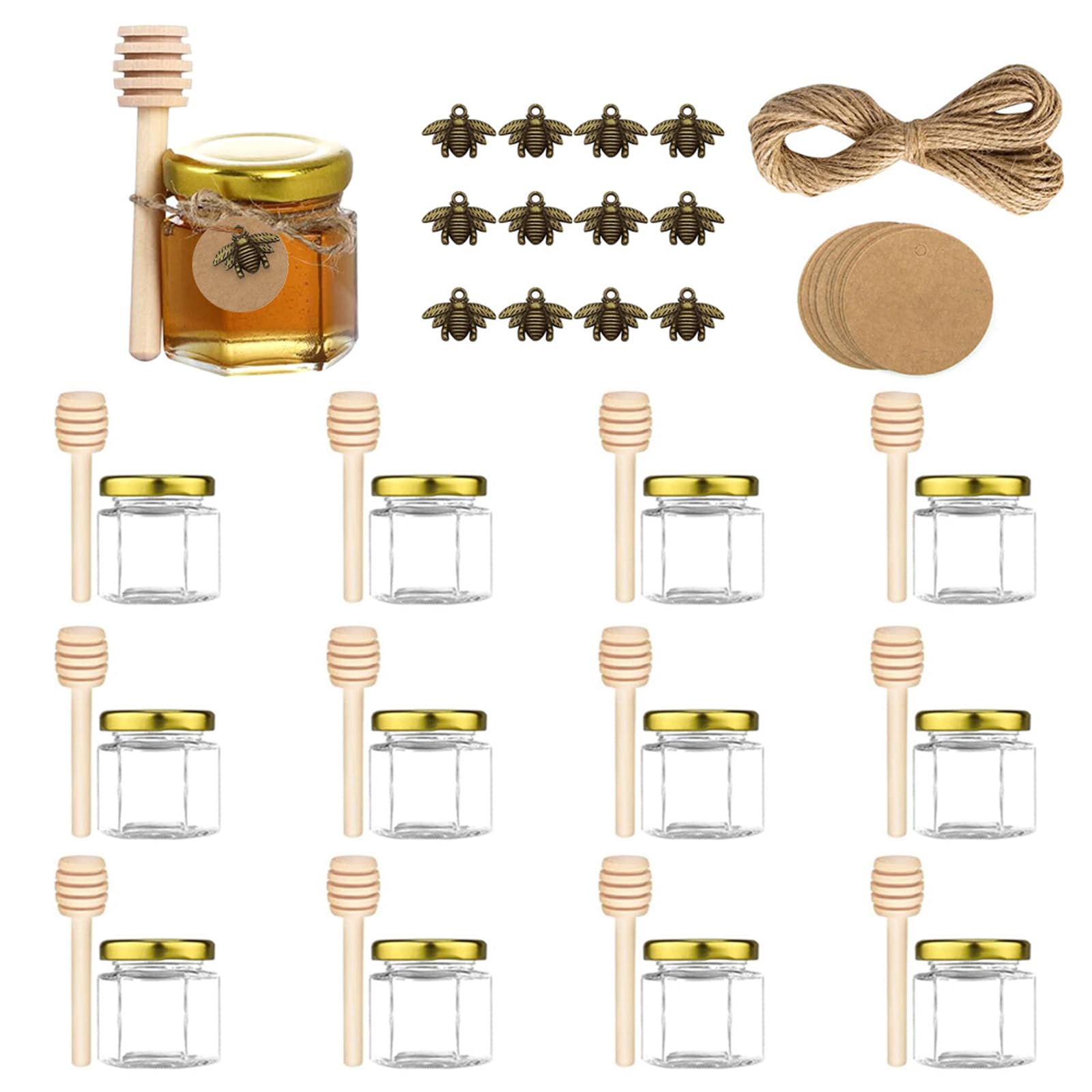 XiYee 30pcs 45ml Mini Vasetti per Miele Esagonali in Vetro con Mestolo in Legno, Ciondolo a Forma di Ape, Etichette in Kraft, Ciocche di Canapa, Perfetti per Babyshower, Bomboniere per Nozze (30