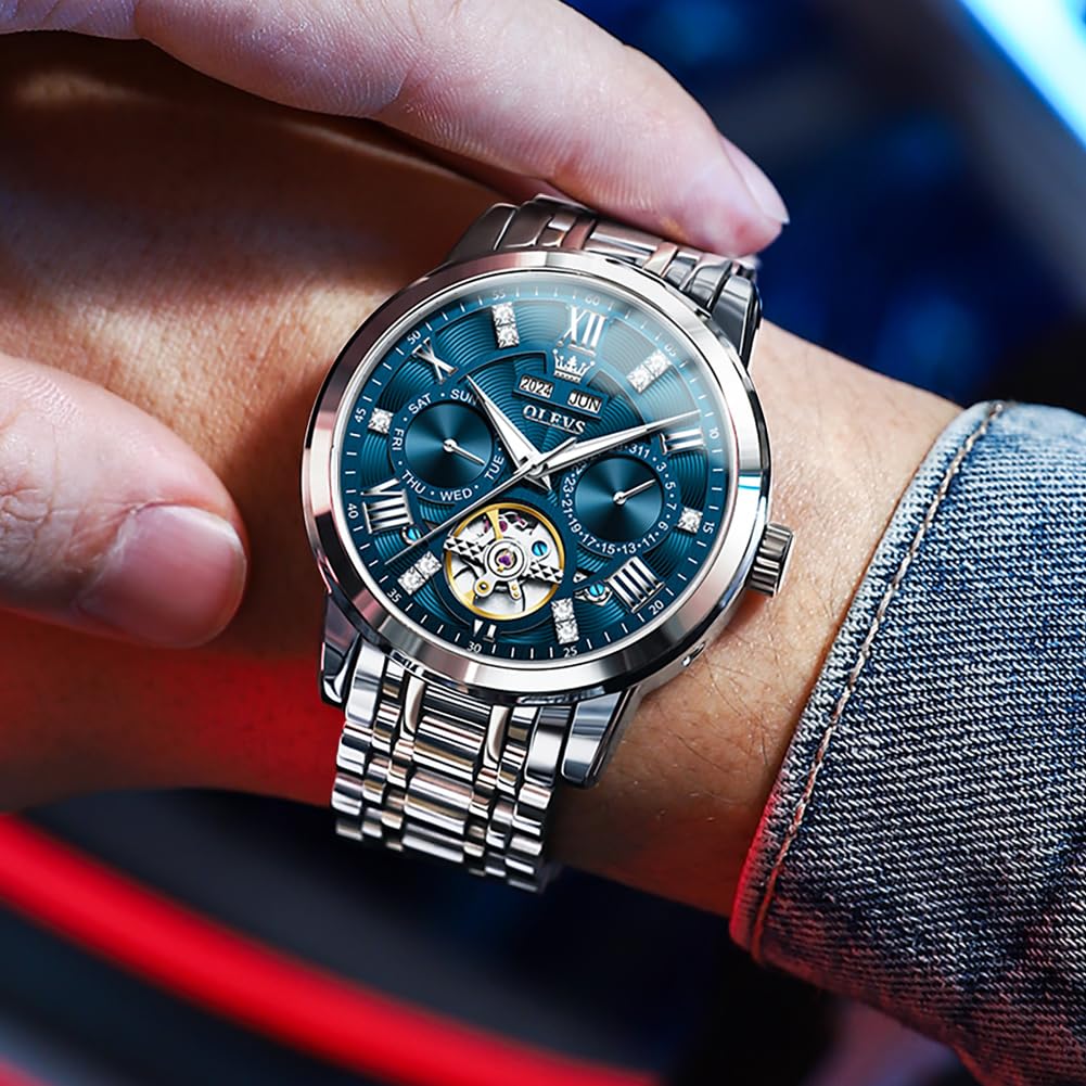 OLEVS Herren Automatikuhr Diamanten Tourbillon Skelett Luxus Edelstahl-Armbanduhr mit Kalender, 30M wasserdicht Leuchtzeigern Mechanische Selbstaufzugsuhr für Business/Abendmode im Geschenkbox