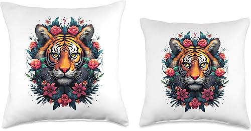 Miniatura 3 de Majestic Tiger Piercing Eyes Vibrant Floral Jungle Tiger Blossom Brilliance - Almohada (18 x 18 pulgadas), multicolor