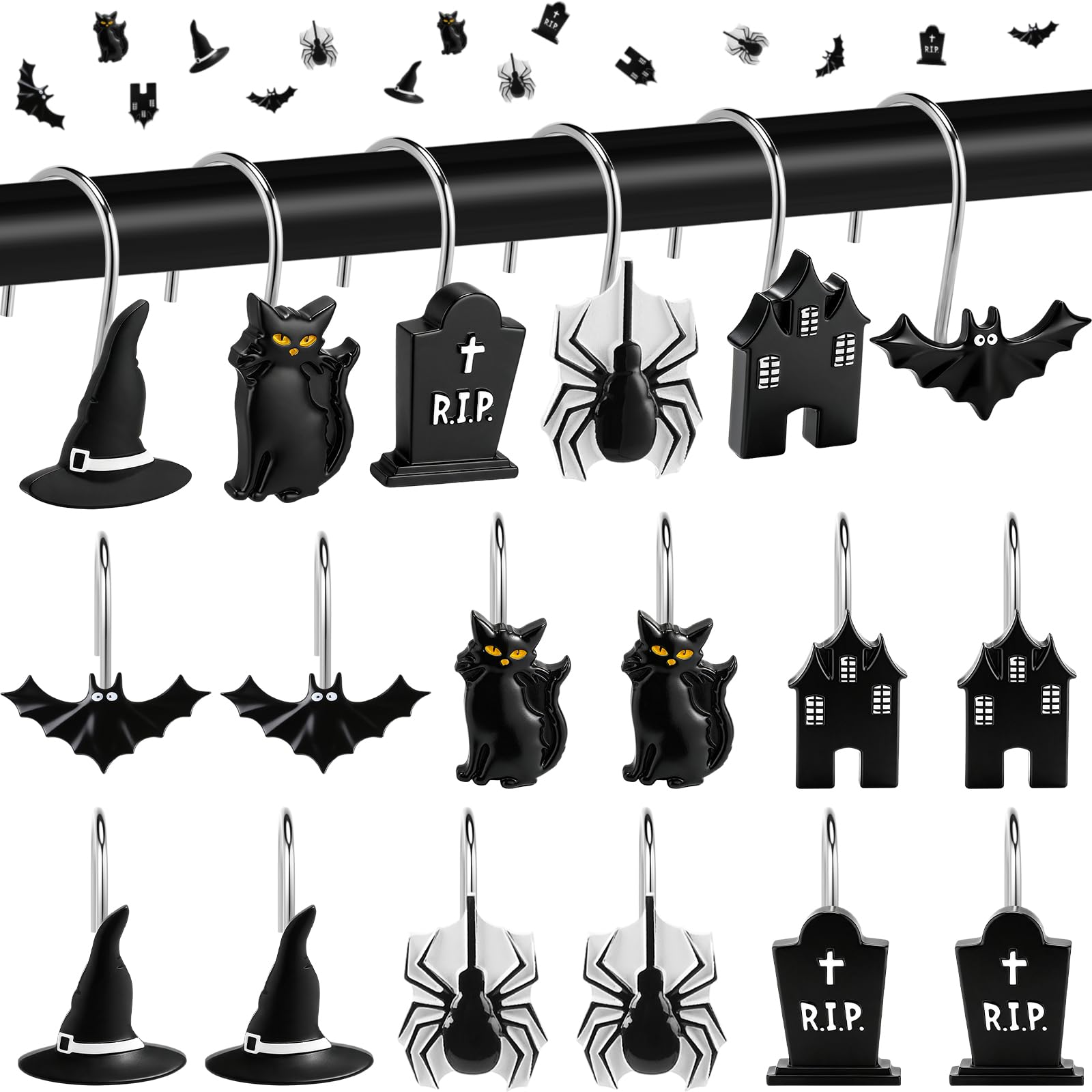 Pinkunn 12 Pcs Halloween Shower Curtain Hooks, Decorative Spider Black Cat Grave Haunted House Wizard Hat Bat Shower Curtain Rings Resin Metal Bathroom Hooks for Halloween Bathroom Decor