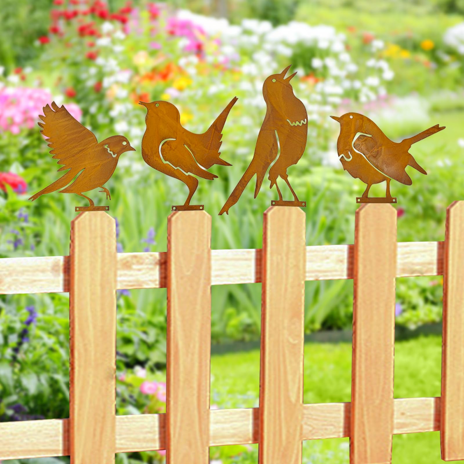 BOFUNX 5 stuks roestvogels, tuindecoratie, tuinsteker, roeststeker, metaal, vogels, boomsteker, roestdecoratie met schroef voor tuindecoratie, lente, bomen, decoratie