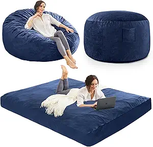 Bean Bag Chairs for Adults - Giant Bean Bag Chair Convertible Bean Bag Bed - Beanbag Chair with Micro Fiber Cover/Furniture Foam Filler - Floor Couch Sofa in Bedroom Dorm Room - Queen Navy Blue