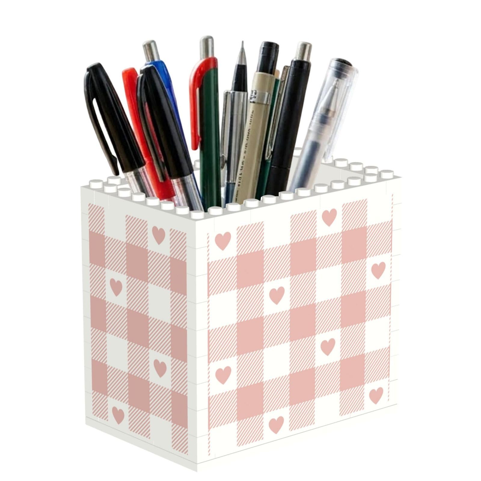 Poadnly Cute Heart Pink Buffalo Plaid Pattern, Pen Pot Pencil Holder for Office Home School, Compact Desk Organiser for Office Stationery