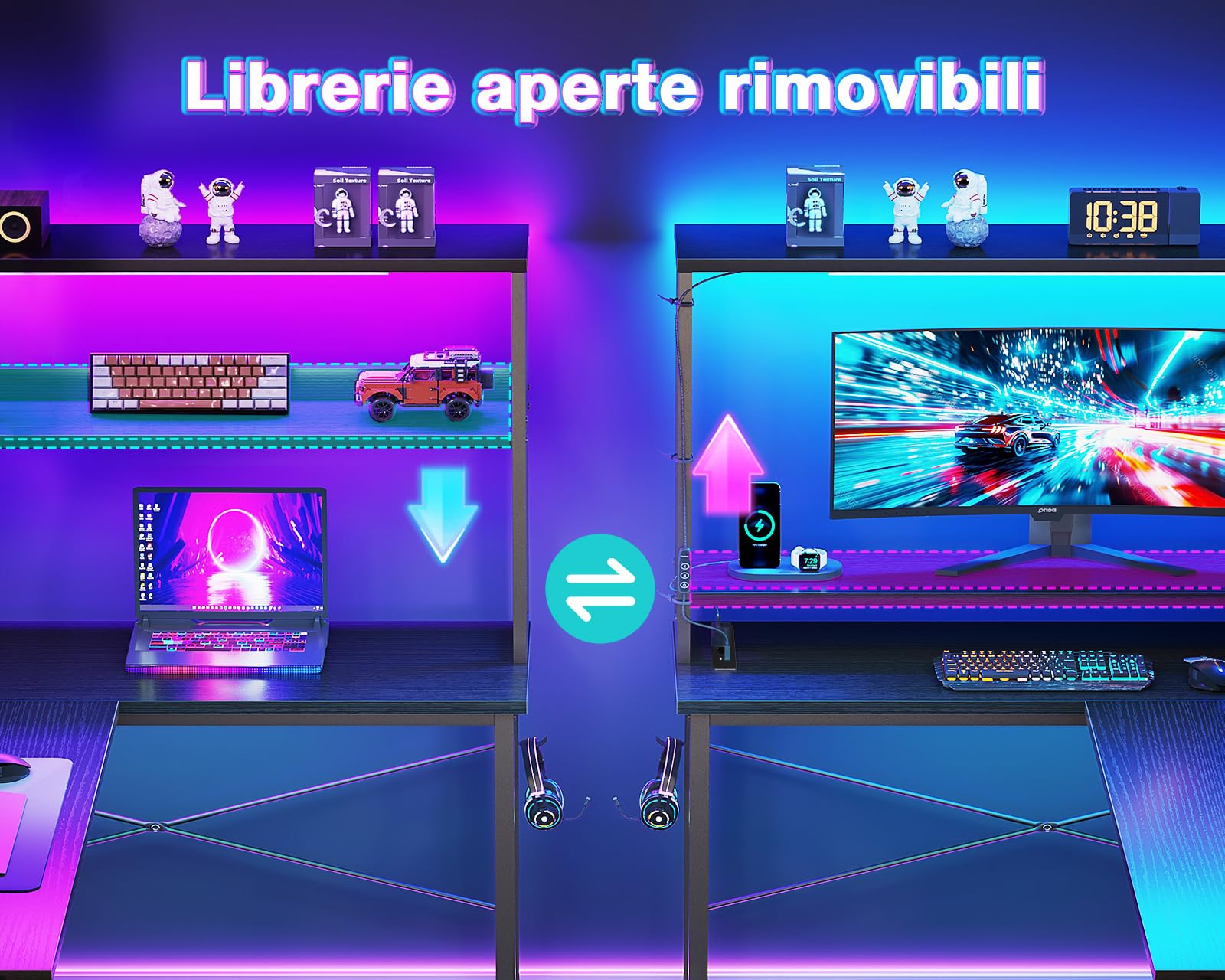 Coleshome Scrivania Gaming con LED e Prese, 135 × 100 cm Scrivania Gaming Angolare Reversibile con Scaffali Portaoggetti, Scrivania Angolare con Borsa Portaoggetti per Giocatori, Nero