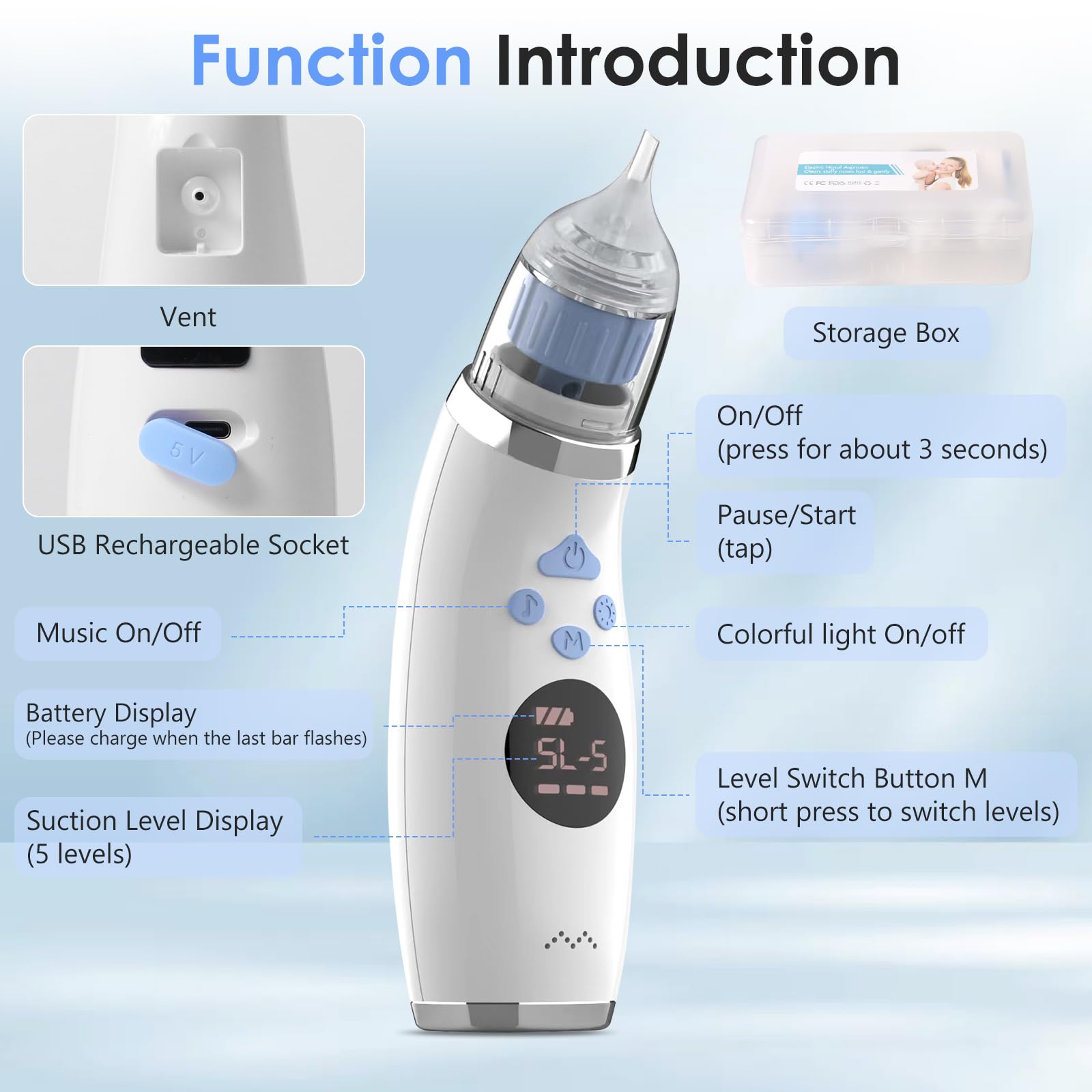 Aspirador Nasal Eléctrico, Limpiador Nasal bebe Electrico, Sacamocos Bebe Electrico, 5 Niveles de Succión & 3 Puntas de Silicona, con Relajante de Música para Niños — view 5