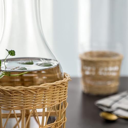 Miniatura 5 de Juego de jarras de agua de noche de noche, 1 jarra de 48.3 onzas con 2 tazas de 12.8 onzas. Juego de vasos de vidrio para mesita de noche con ratán