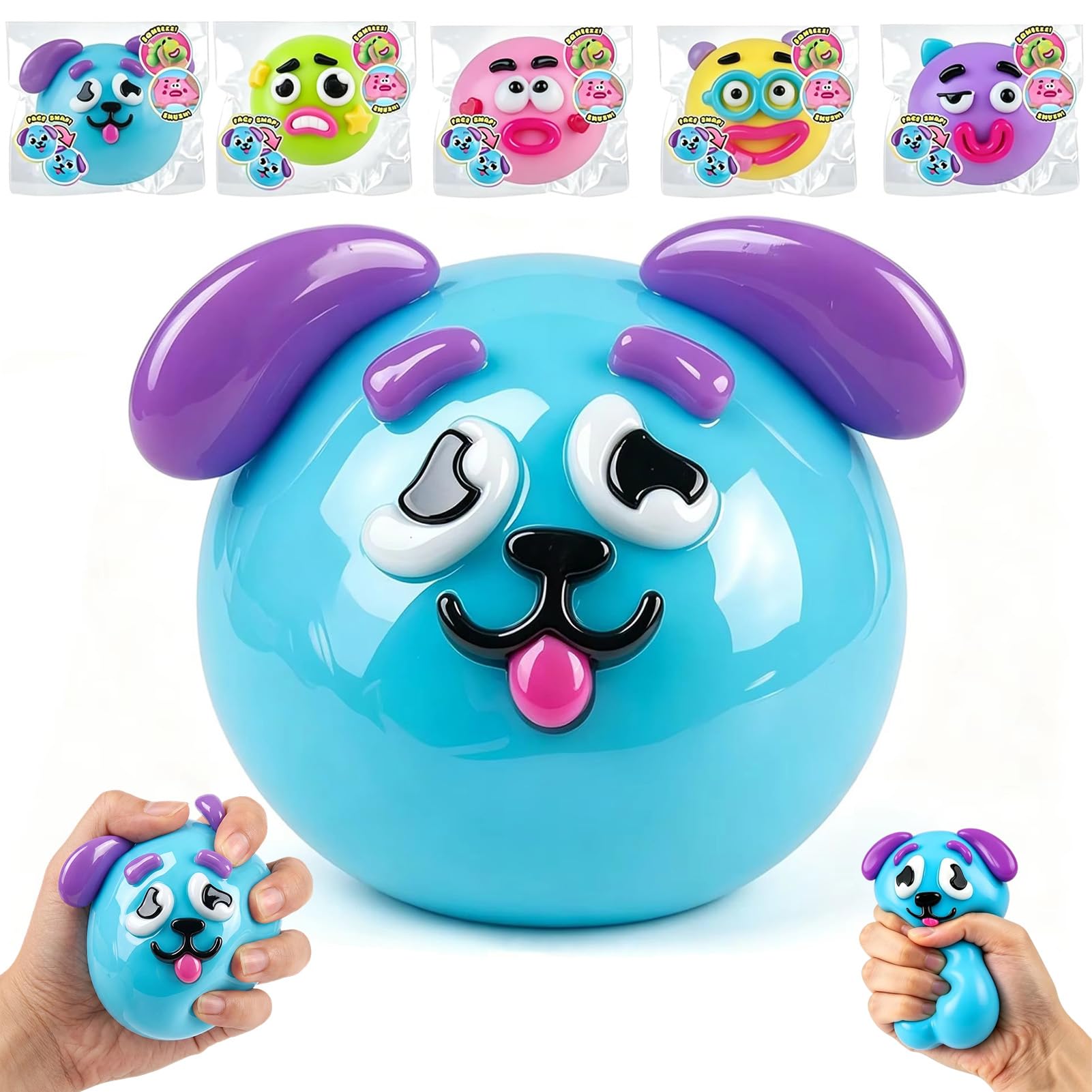 Funny Dog Squishy Fidget Toy Slow Rise Squeeze Ball with Funny Expression Design, Soft Desktop Fidget Accessory for Office Desk Relaxation and Daily Stress Release (Blue)