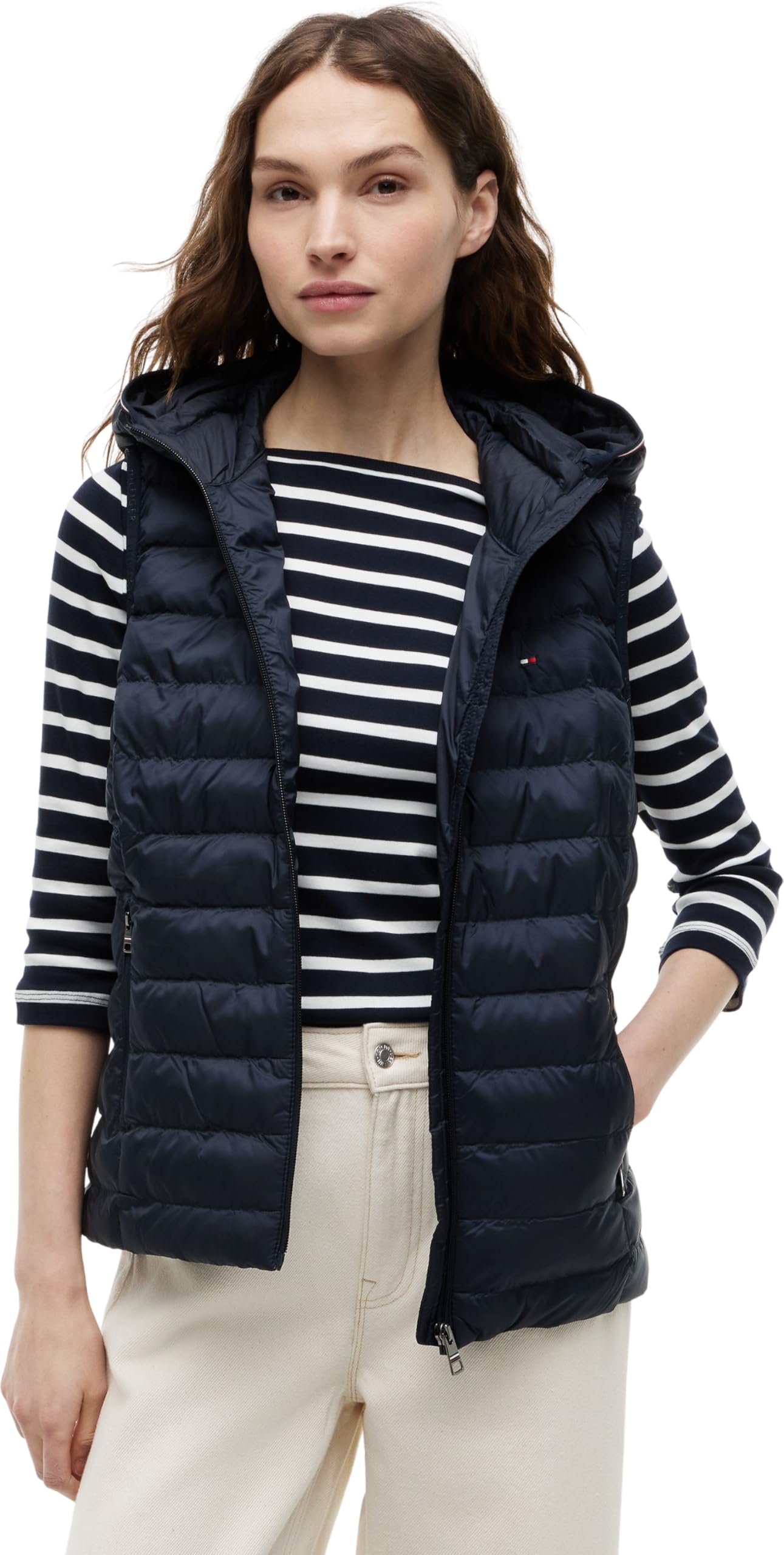 Tommy Hilfiger Veste sans Manches Femme Padded Global Stripe Vest avec Capuche, Bleu (Desert Sky), XL