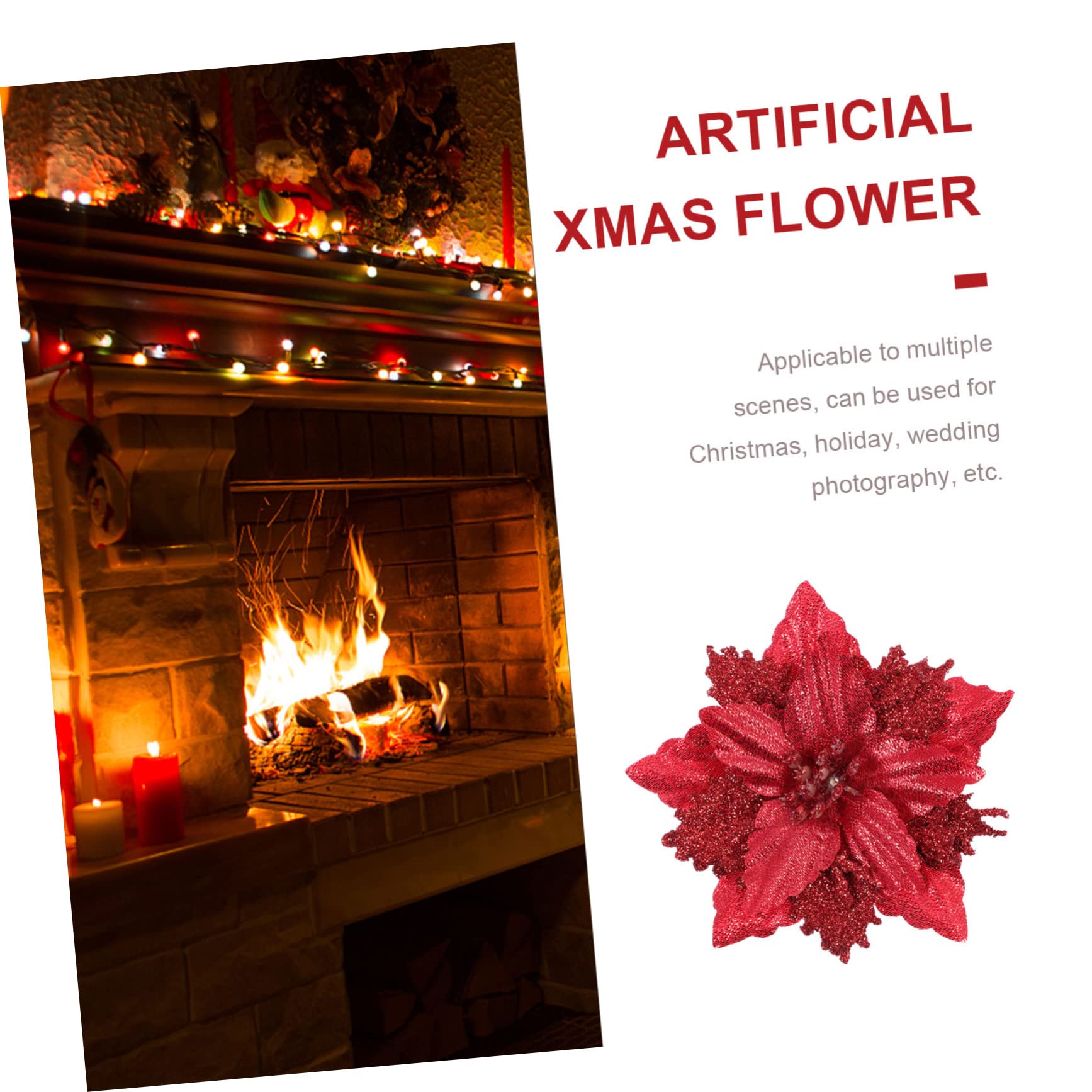48 Piezas de Flores de Navidad árbol de Navidad Poinsettia con Purpurina navideña, Flores de Navidad con Purpurina, Corona de Navidad con Purpurina Artificial en Polvo, cártamo