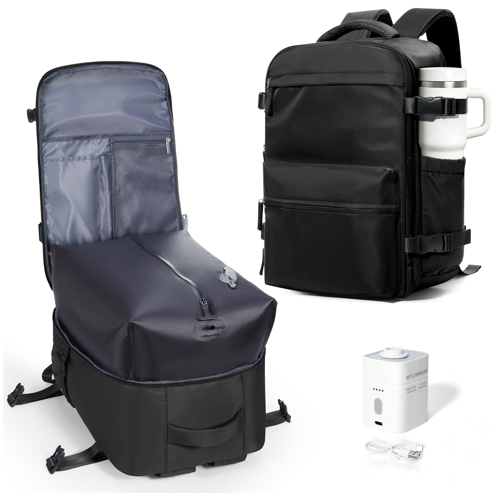 Zaino da Viaggio Grande Zaino Sottovuoto Con Pompa Donna da Escursionismo Sportivo da Esterno impermeabile Zaino Casual Laptop da 15.6 Pollici Borsa da Viaggio Uomo Nero