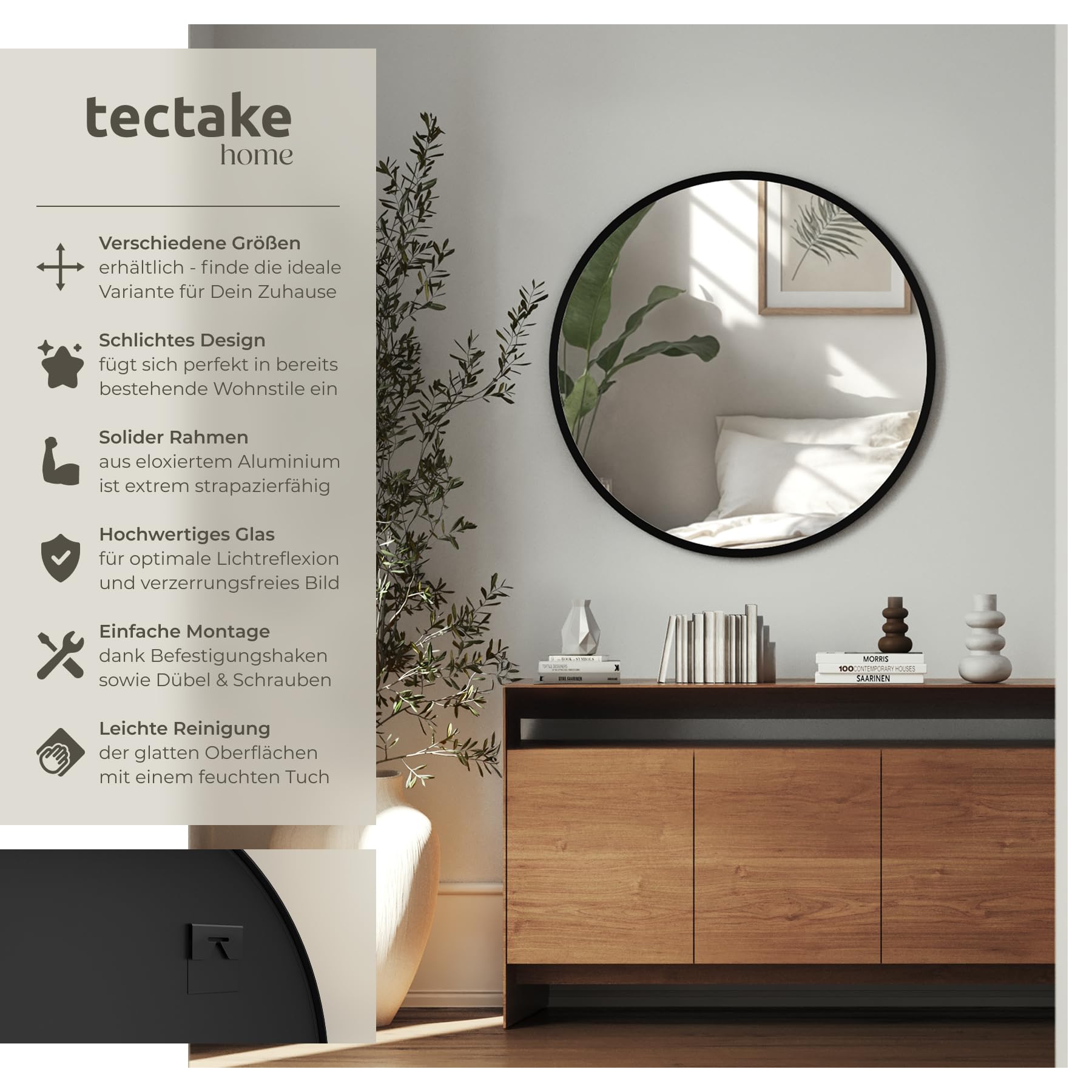 tectake® Spiegel rund schwarz, Wandspiegel modern, Badspiegel, Wanddekoration Wohnzimmer, Boho Deko Schlafzimmer, runder Badezimmerspiegel, Flurspiegel, Gäste WC, Spiegelaufhängung - Ø80 x 2,5 cm