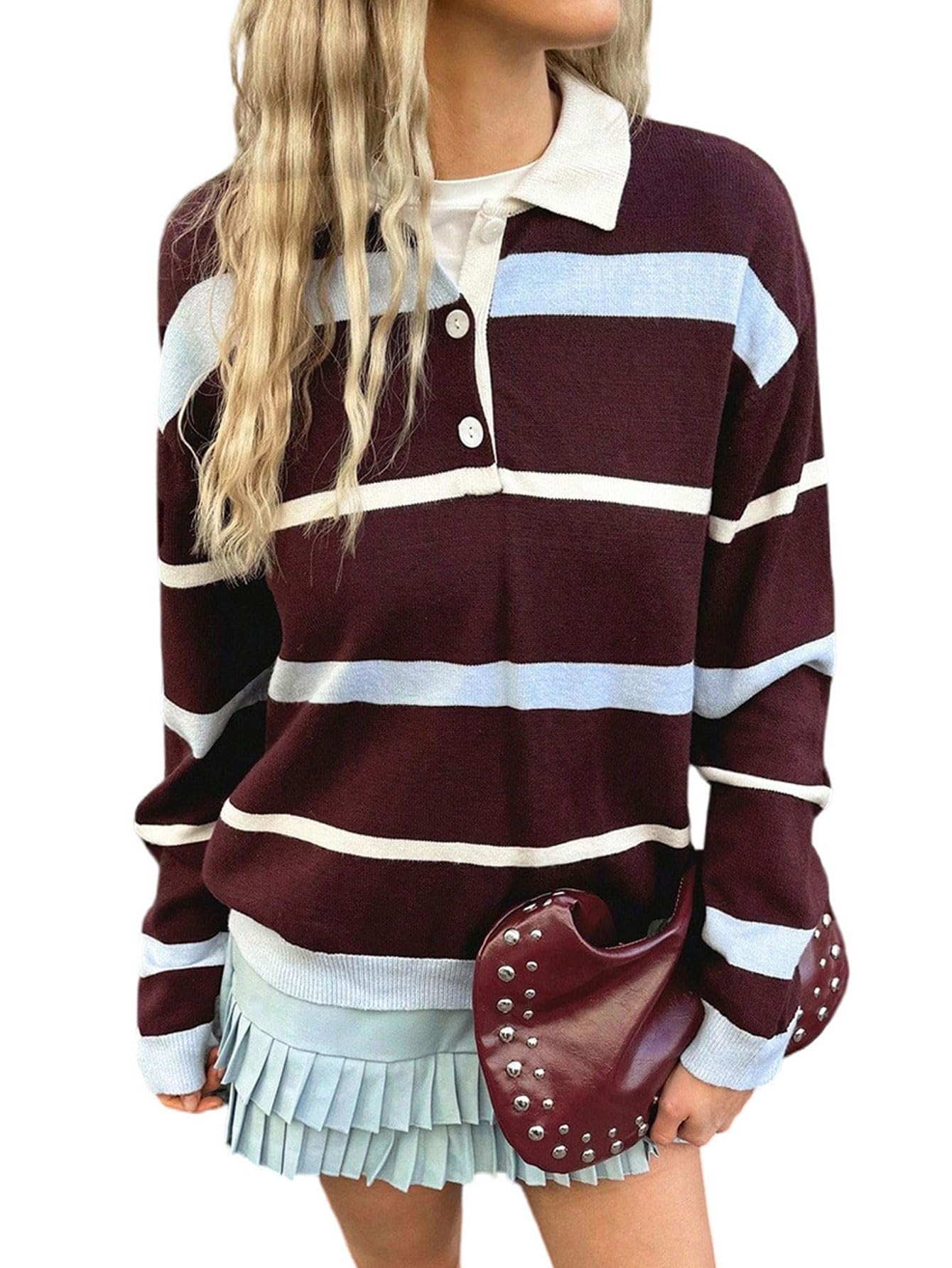 MakeMeChic Womens Striped Sweater Button Up Long Sleeve Rugby Shirt Preppy Pullovers