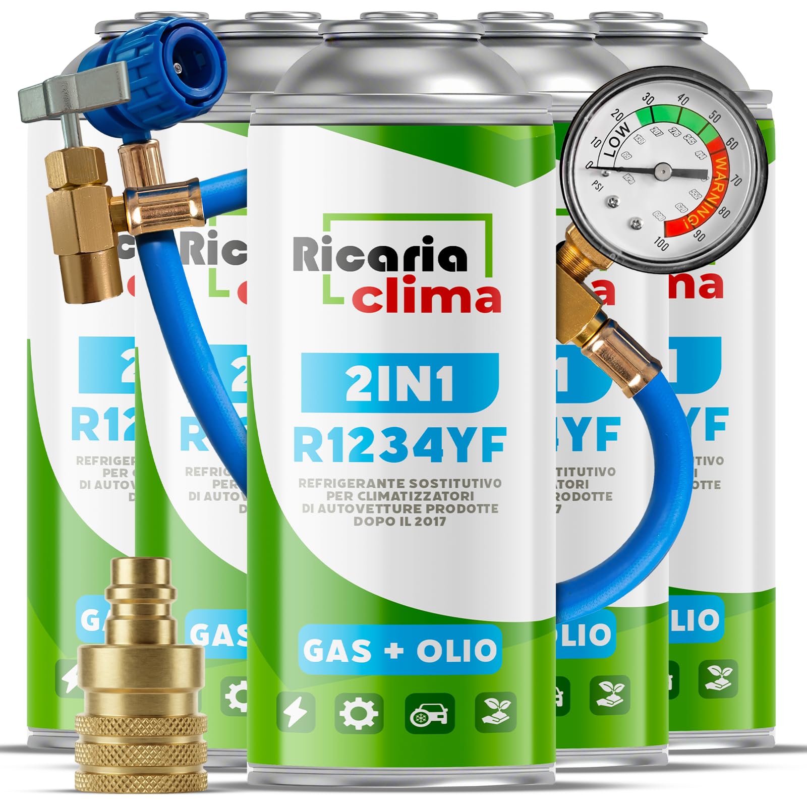 Fluide Réfrigérant R1234yf Kit Recharge Climatisation – Gaz pour Climatisation Véhicules Depuis 2016 – 5X 235 g Bouteilles avec Tuyau de Recharge et Adaptateur AZ